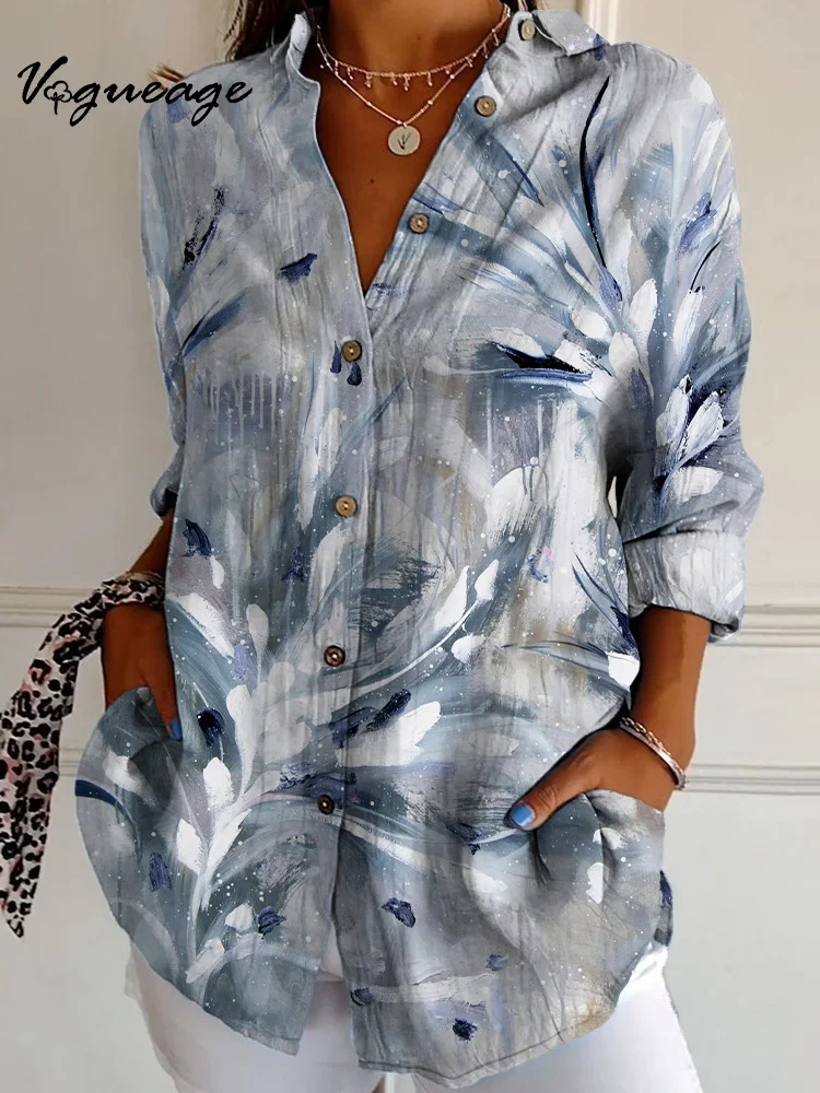 Simple Cool Gray Watercolor Dot Dyeing Long Sleeves Printed Cotton And Linen Shirt