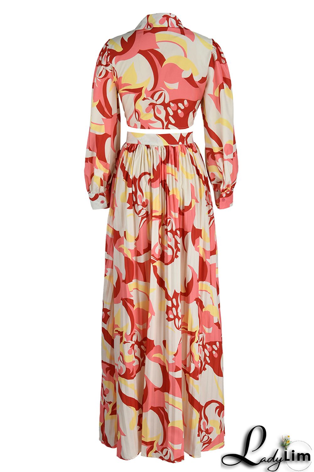 Red Fashion Casual Print Bandage Slit V Neck Long Sleeve Dresses