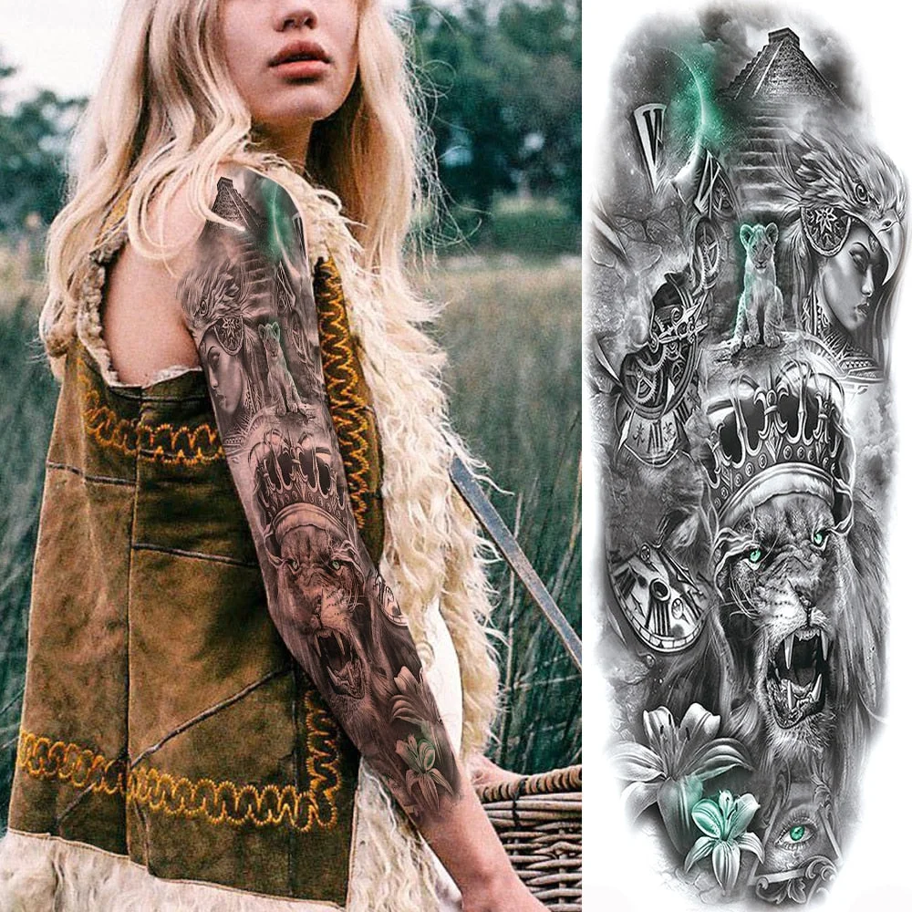 For Men Women Body Art Full Arm Sleeve Black Flower Tatoo Water Transfer Fake Tattoo Stickers Large Compass Temporary Tattoos