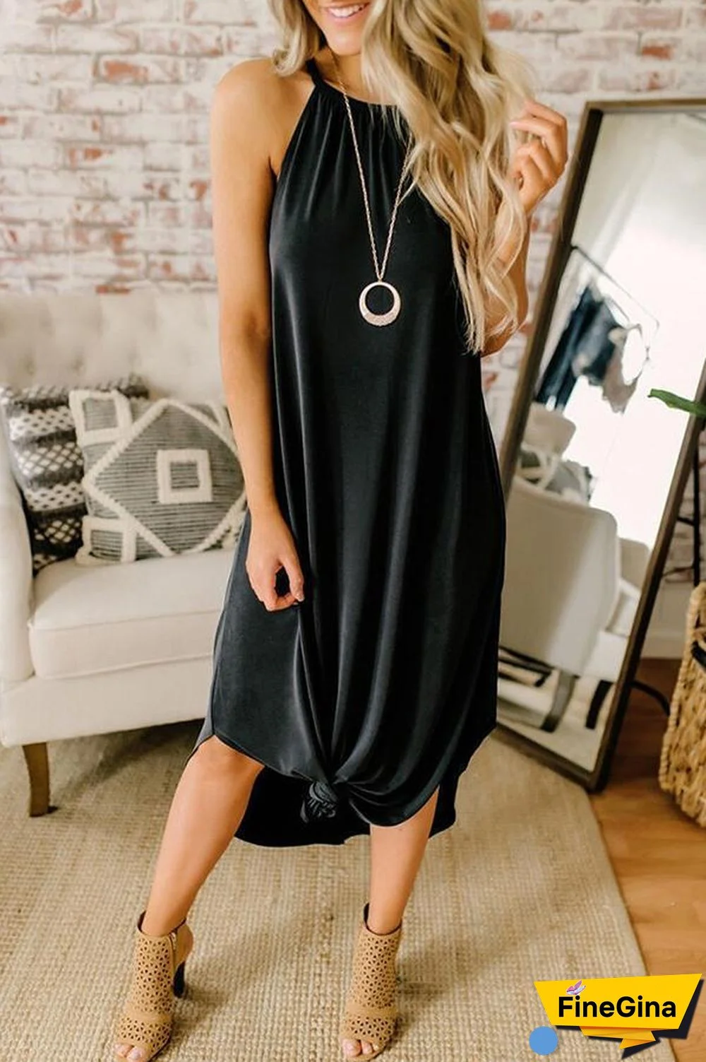 Halter Neck Solid Color Dress