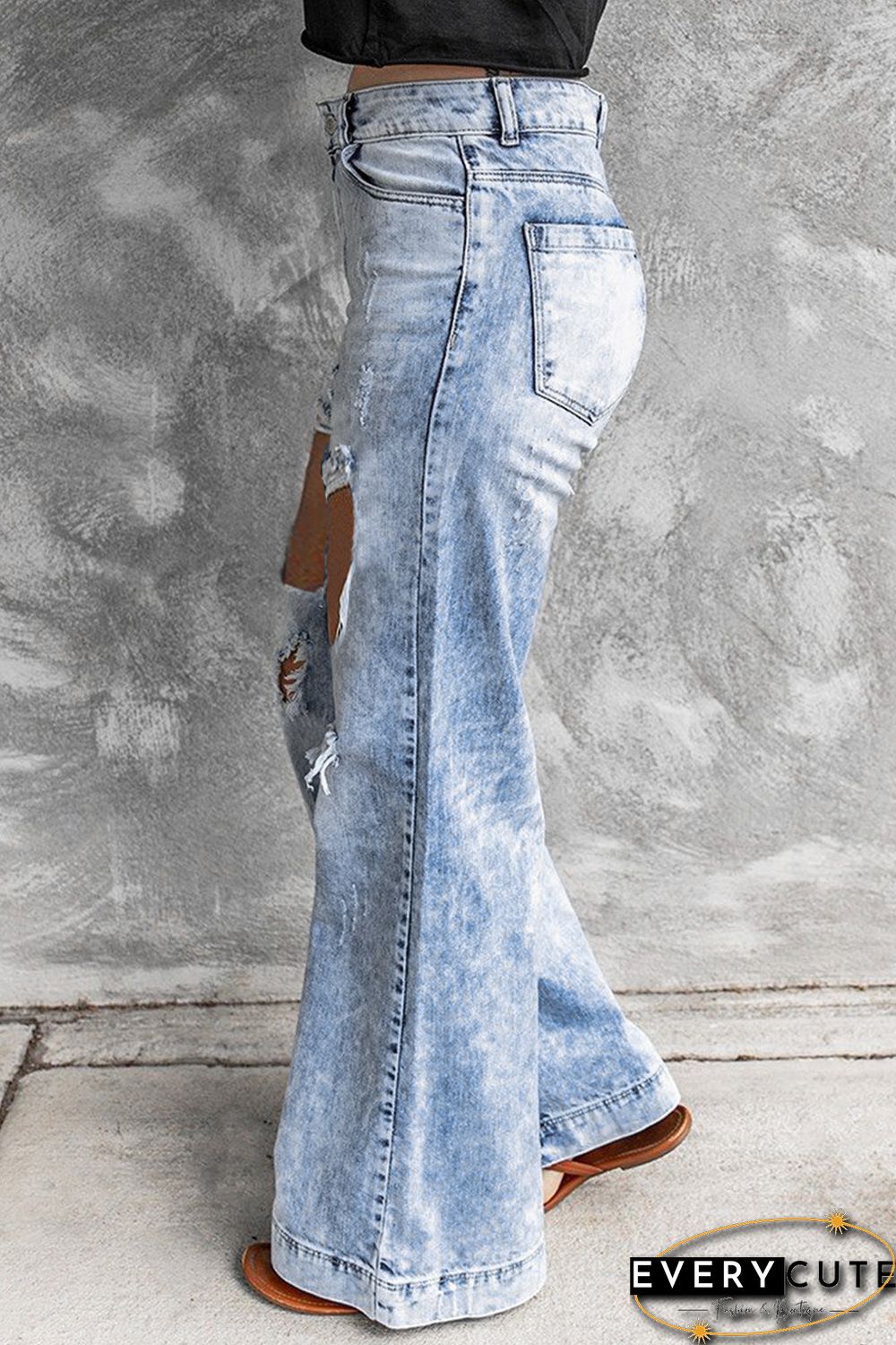 Light Blue Washed Holes Ripped Wide Leg Jeans