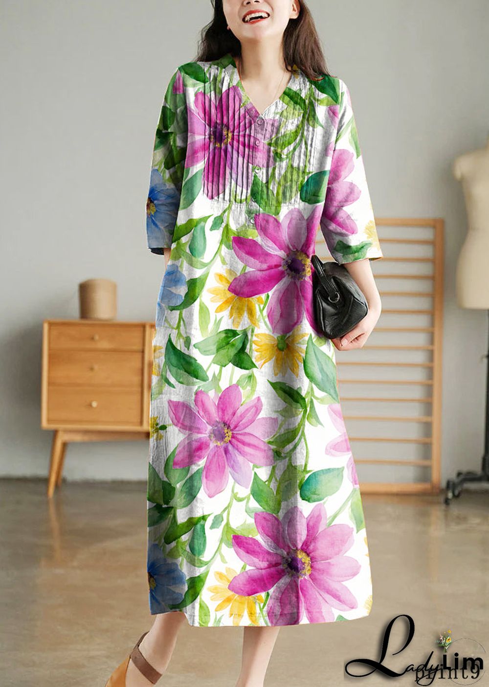 Grey Print6 Loose Linen Long Dresses Button Solid Half Sleeve