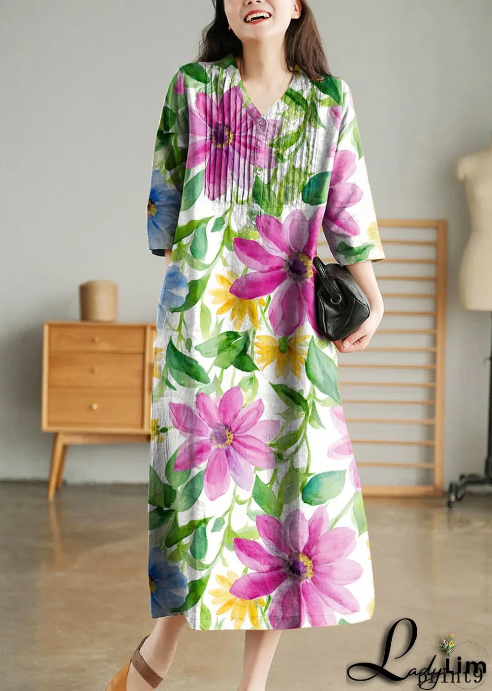 Grey Print6 Loose Linen Long Dresses Button Solid Half Sleeve