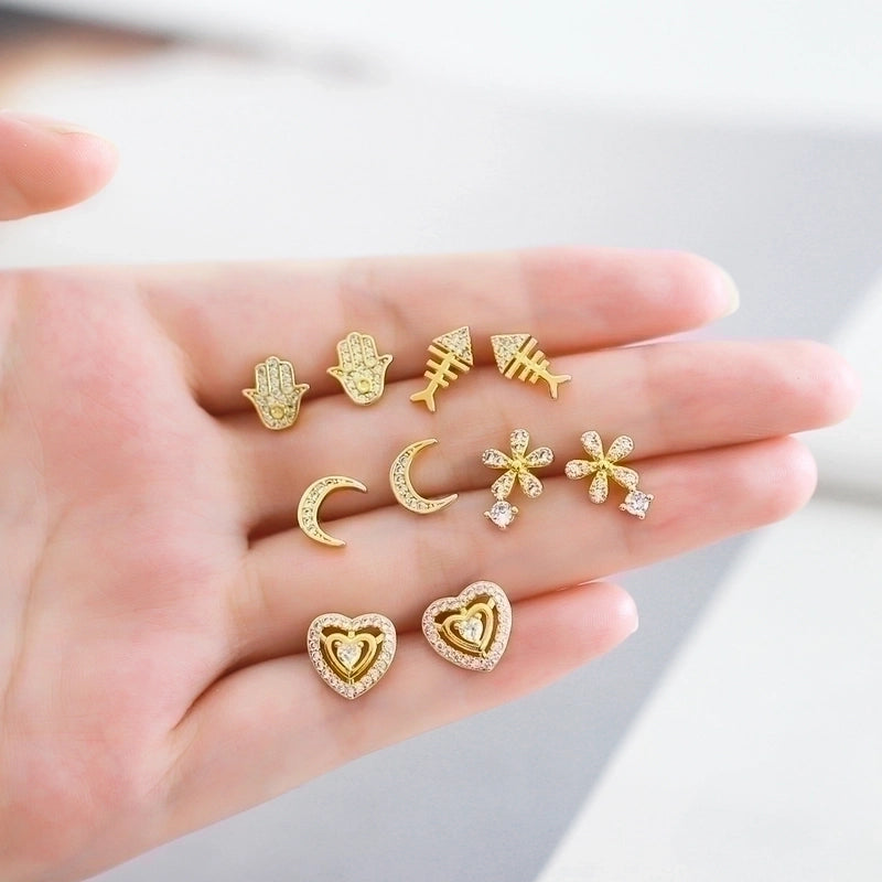 1 Pair Minimalist Heart Shape Crab Fish Bone Plating Inlay Copper Zircon 18k Gold Plated Ear Studs