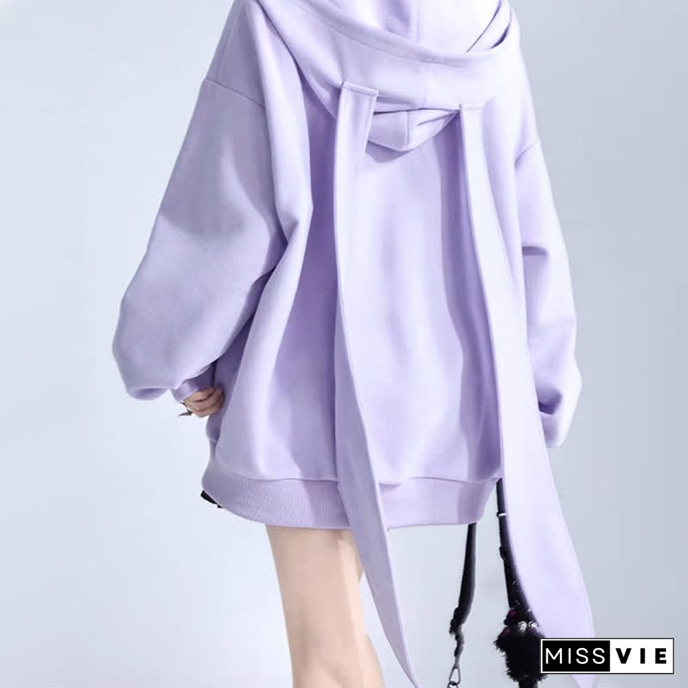 Long Bunny Ears Pocket Oversize Zipper Hooded Sweatshirt