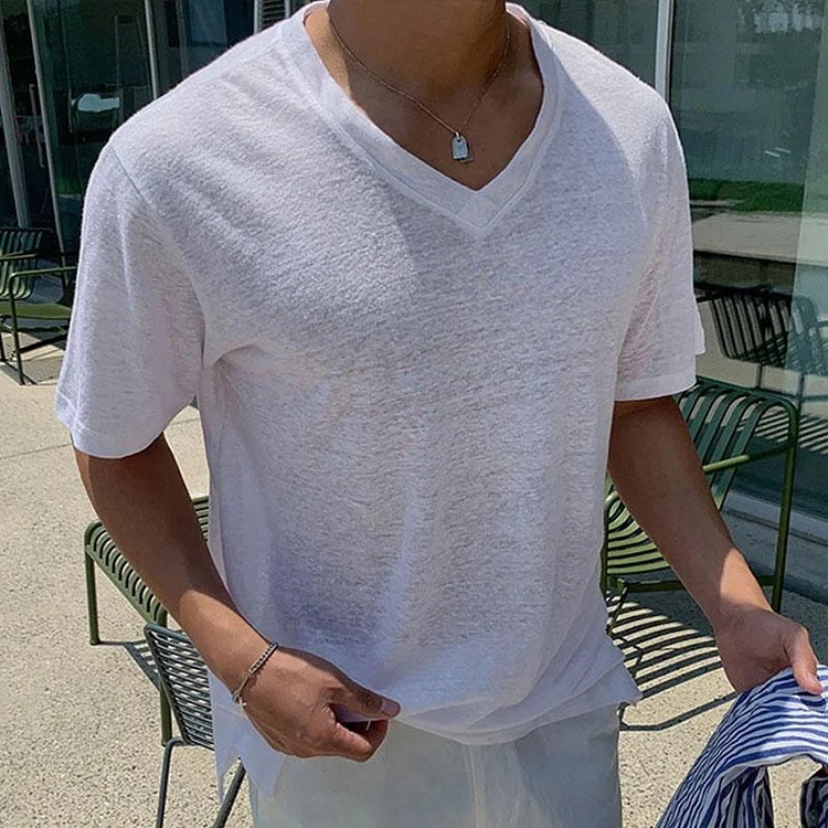 Men's Casual V Neck Solid Color Summer Short Sleeve T-shirt