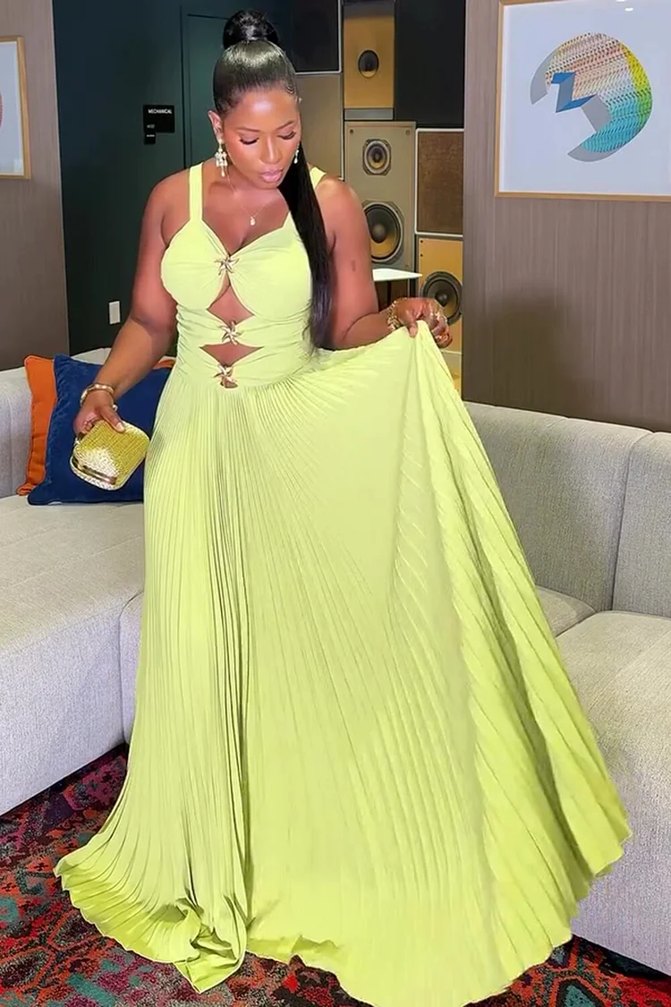 Gathered Cutout Pleated Hem Sleeveless Party Maxi Dresses-Green [Pre Order]