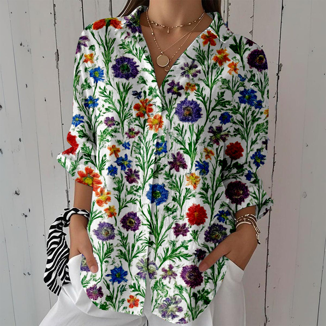 Women Long Sleeve V-neck Graphic Floral Printed Top