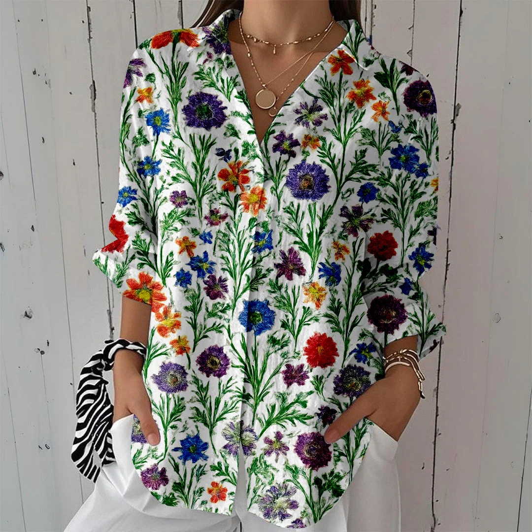 Style & Comfort for Mature Women Women Floral, Green,Hot DZCL0041 3/4 Sleeve Shirt Collar Printed Button Tops