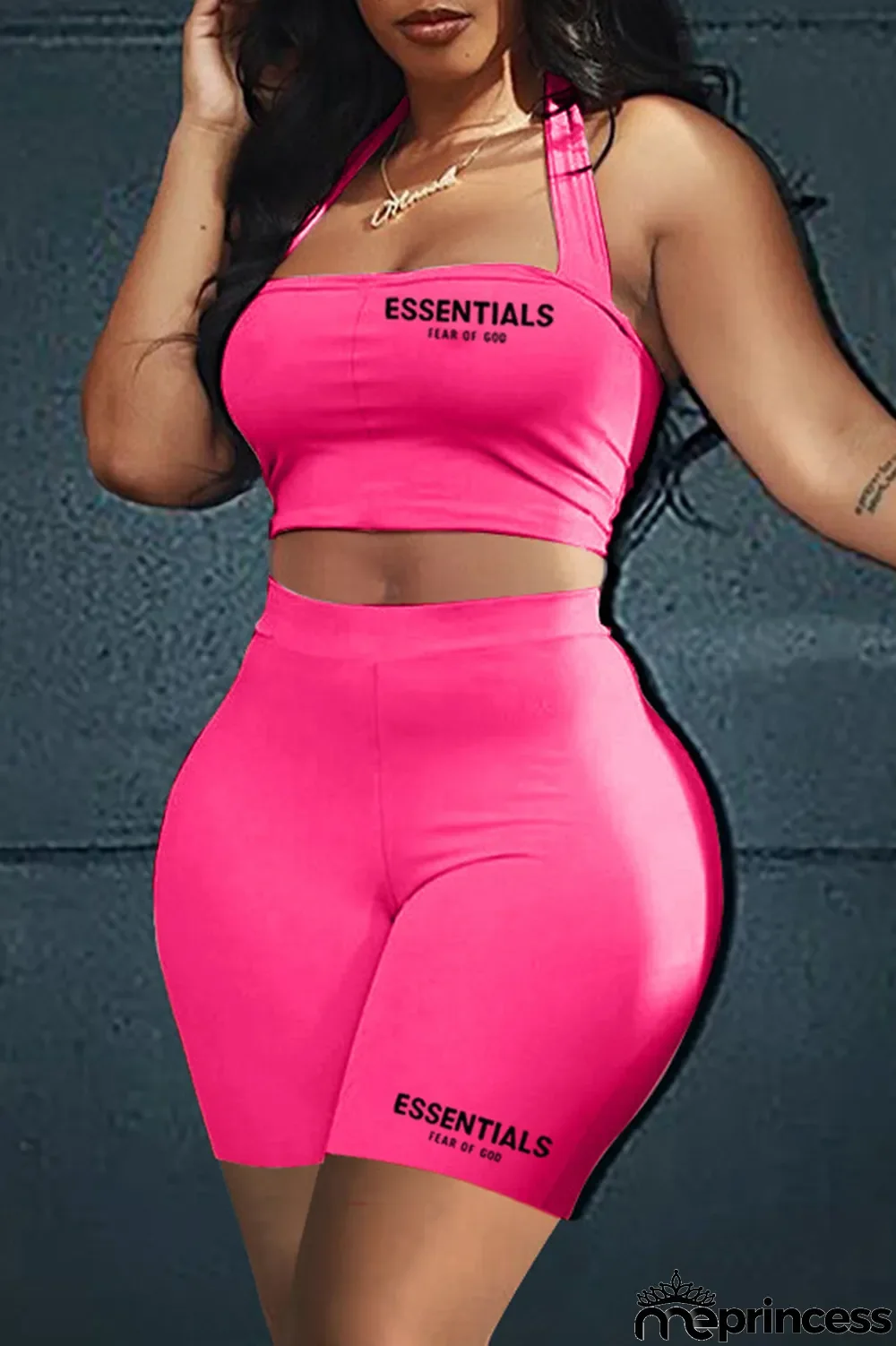 Rose Red Letter Print Backless Halter Sleeveless Two Pieces