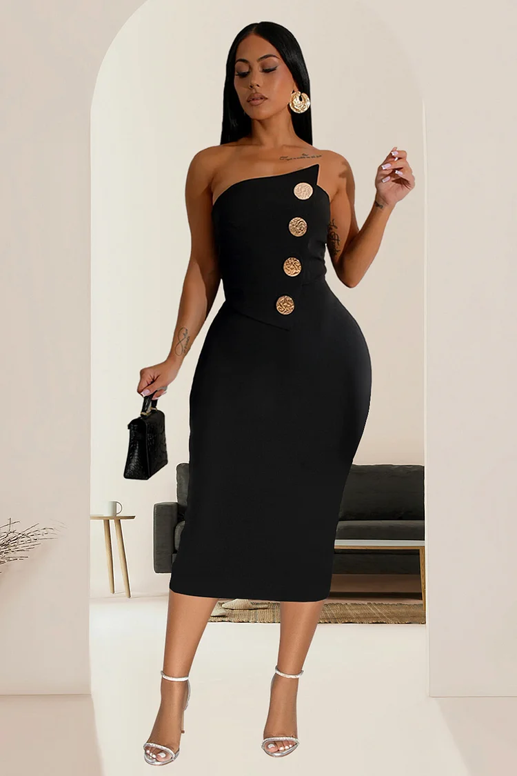 Buttons Decor Strapless Bodycon Cocktail Party Midi Dresses-Black