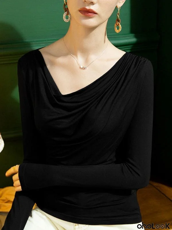 Stylish Selection Long Sleeves Skinny Pleated Solid Color T-Shirts Tops