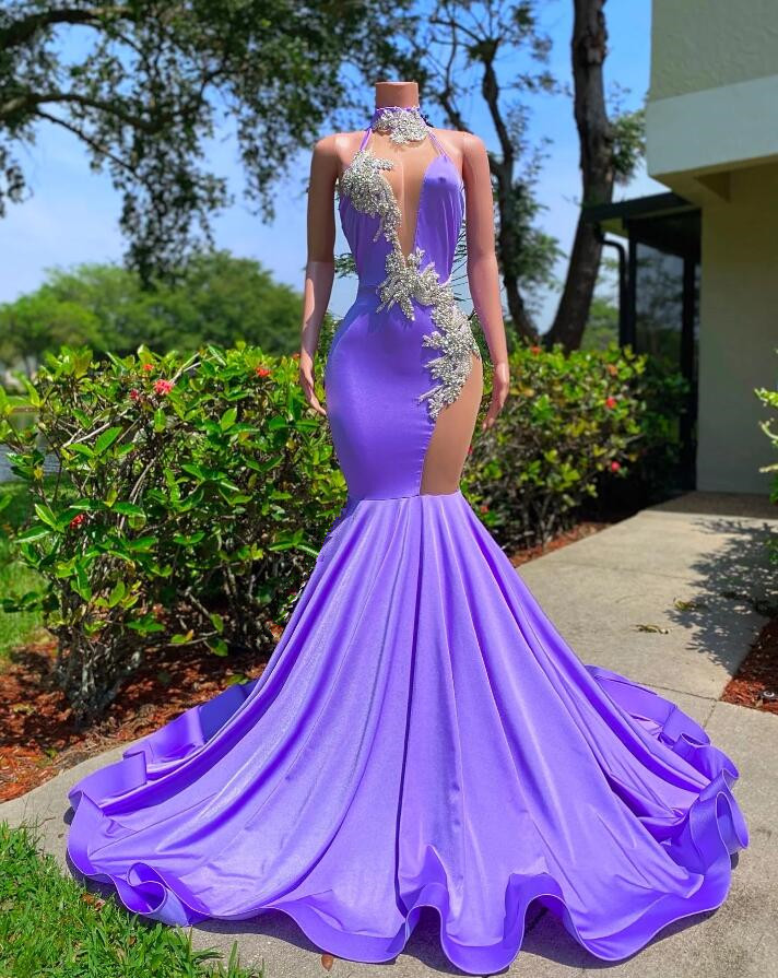 Bellasprom Lilac High Neck Prom Dress Mermaid Sleeveless Long With Beads Bellasprom