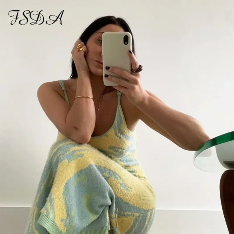 FSDA 2021 Print Knit Bodycon Dress Women Green Summer Hollow Out Sexy Sleeveless Spaghetti Strap Beach Midi Dresses Party