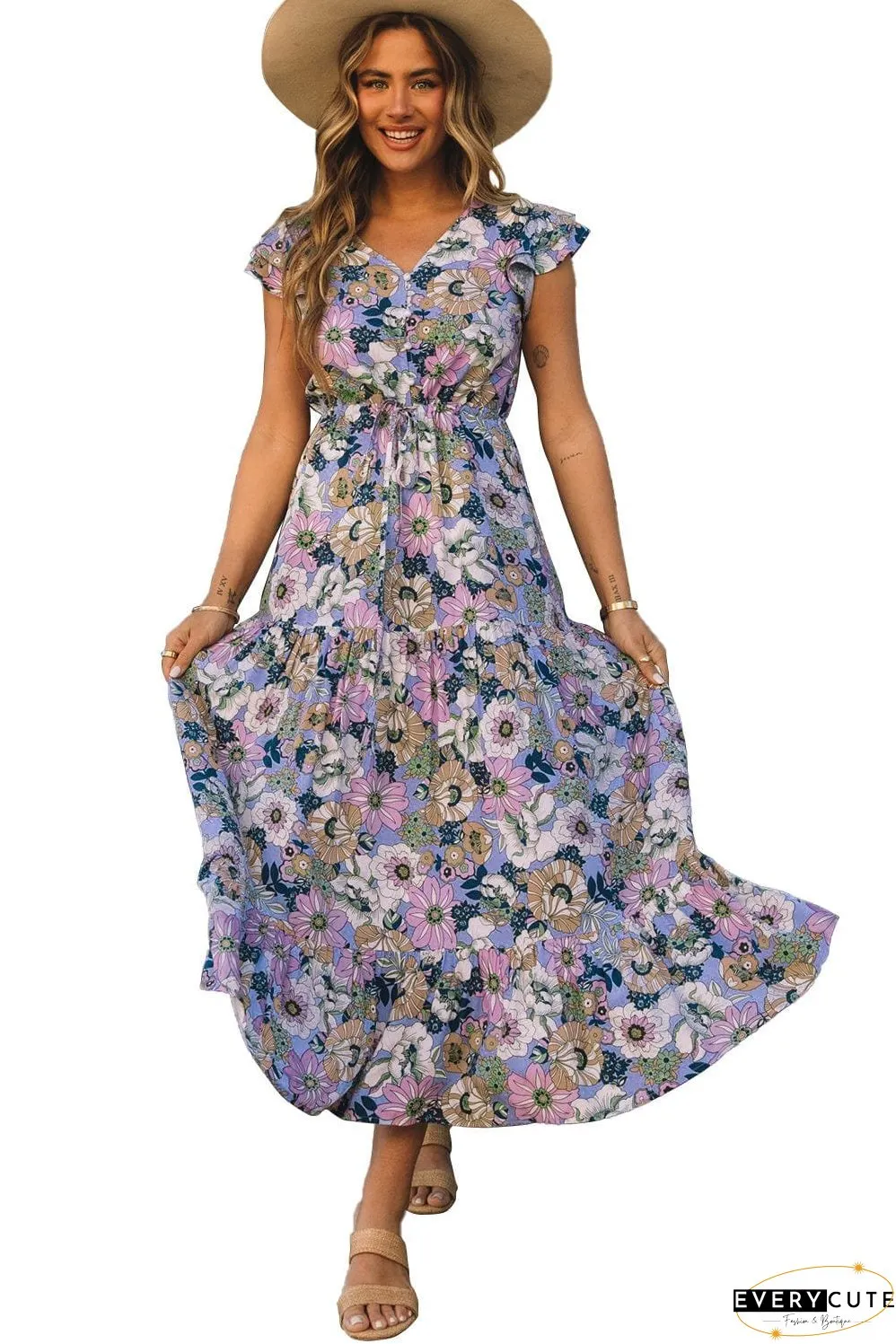 Purple Maxi Bohemian Floral Dress with Layered Ruffle Sleeves