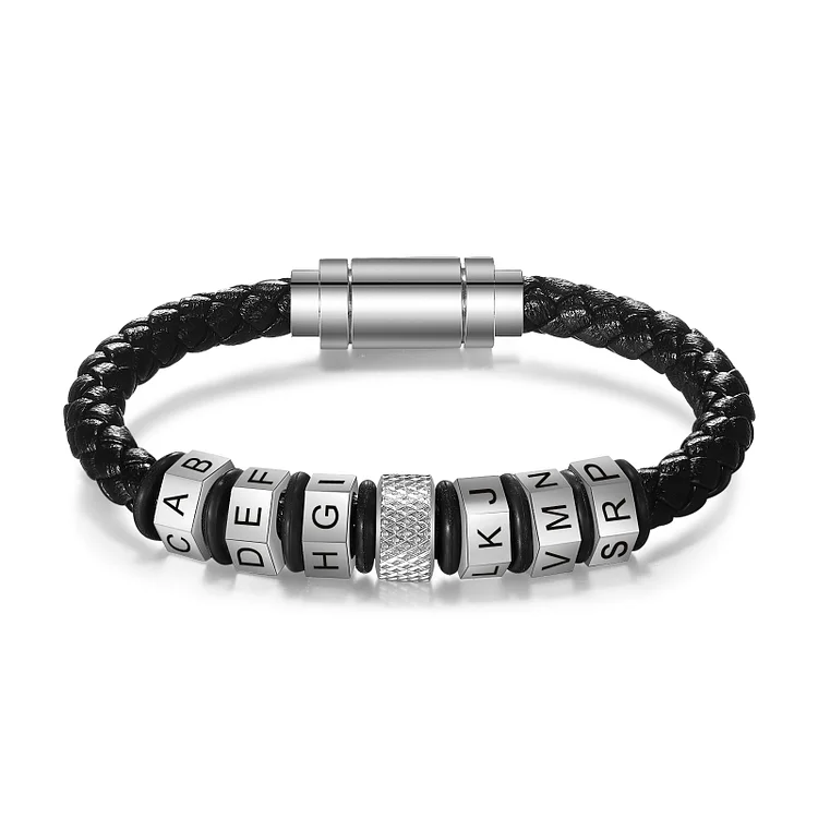 Men Leather Bracelet with Beads Engraved 6 Names Gifts for Him