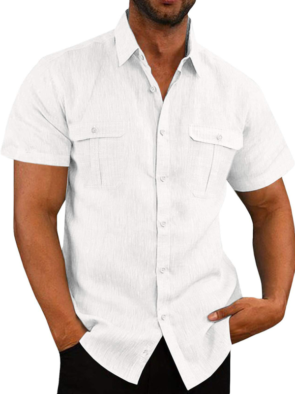 Mature Men Double Pocket Cotton Linen Short Sleeve Casual Vacation Shirt Top