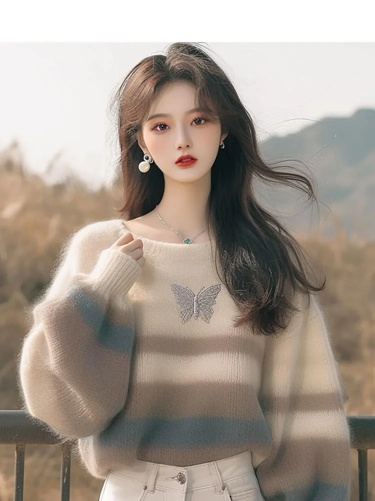 Athvotar Athvotar Fashion Style Sweater Korean Soft-Creative Languid Lazy Super-Good-Looking White Striped Print Sweater