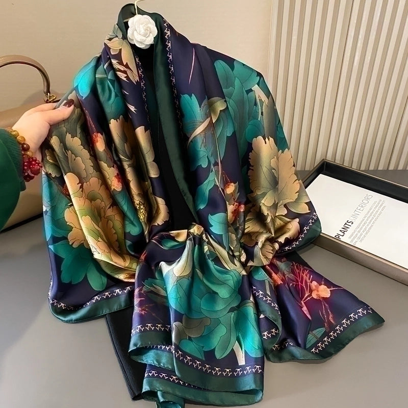 Women's Classic Style Color Block Satin Printing And Dyeing Flowers Silk Scarf