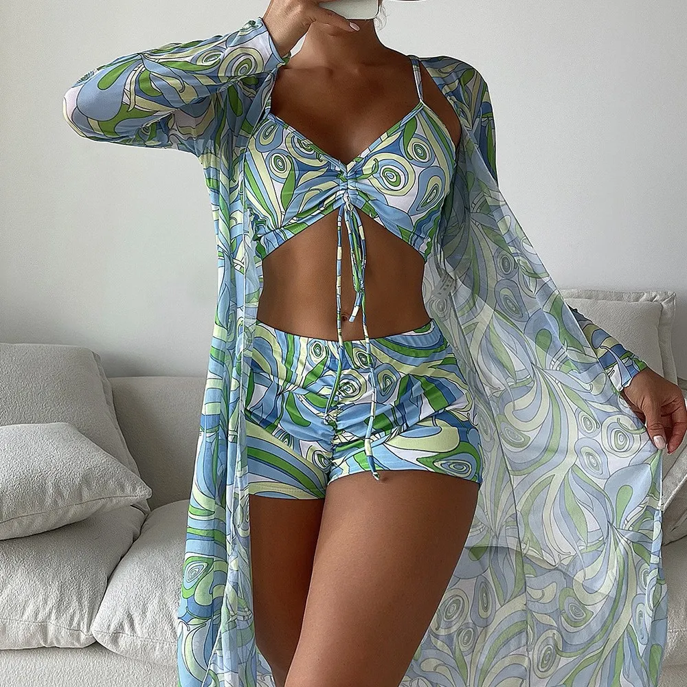 Uveng 2025 New Women's Three-Piece Bikini Mesh Hooded Jersey With Fashion Anti-Smni Jacket