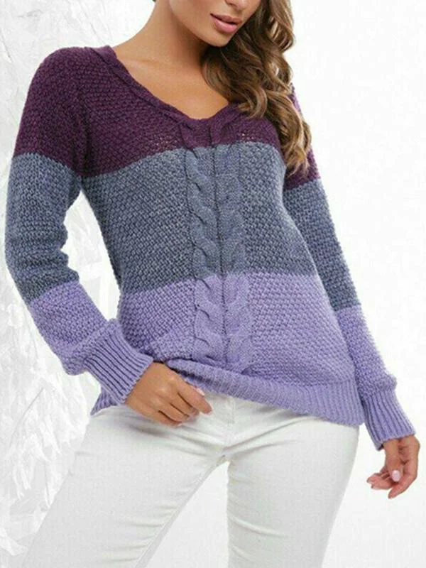 Women's Knitted Long Sleeve V-neck Sweater Top