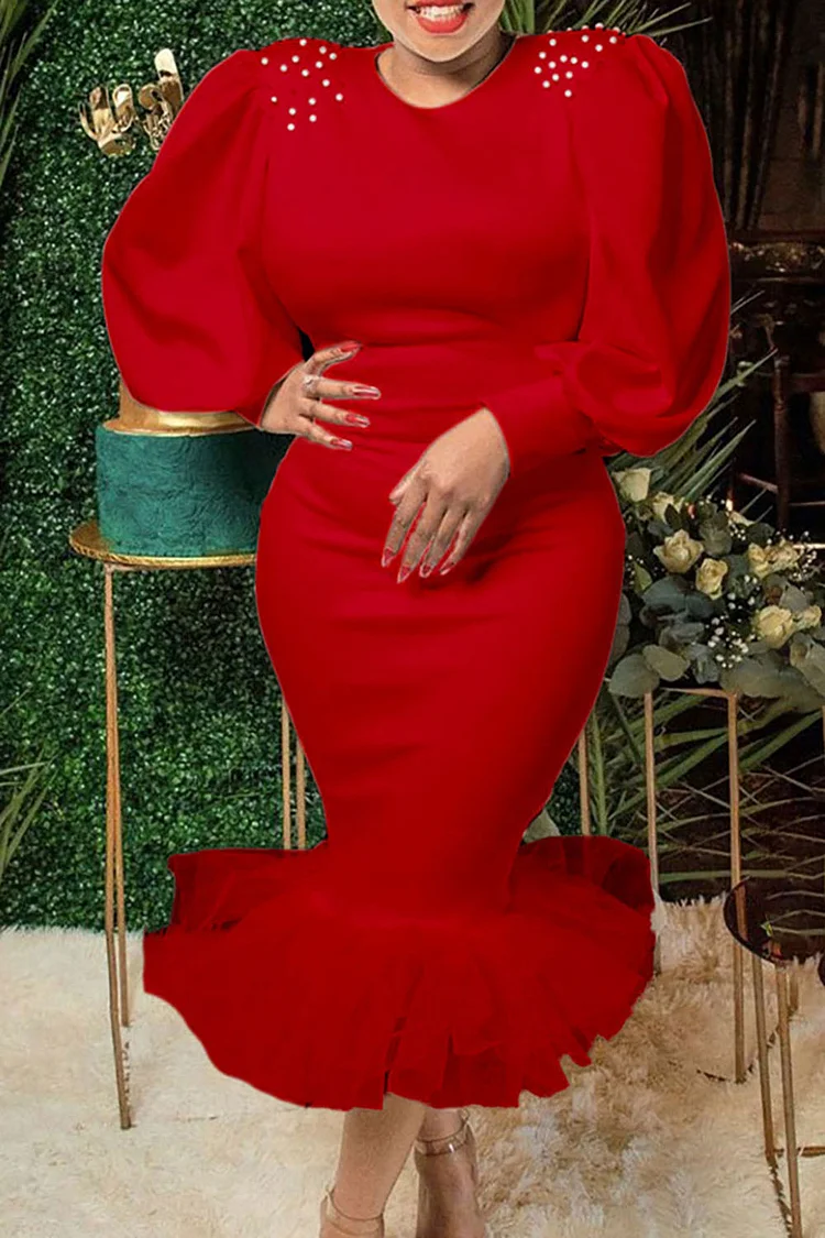 Plus Size Formal Dress Red Pearls Round Neck Puff Sleeve Midi Dress 