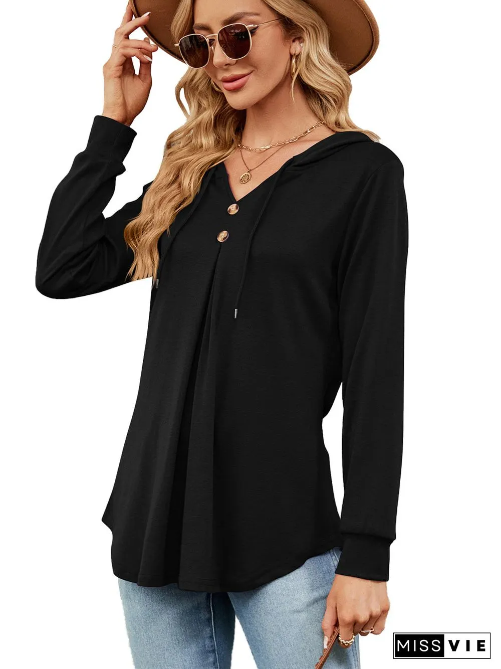 Women's Button V-Neck Long Sleeved Top