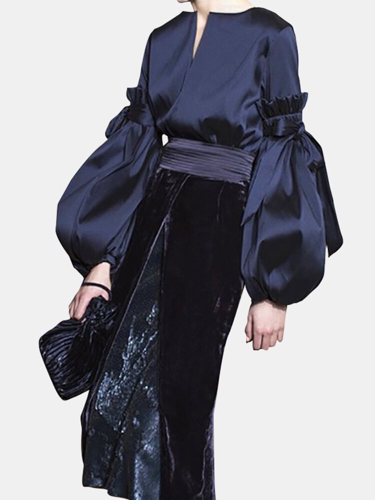 Puff Sleeve Shirt Tee Silky Satin Cocktail Office Loose Blouse P1634041