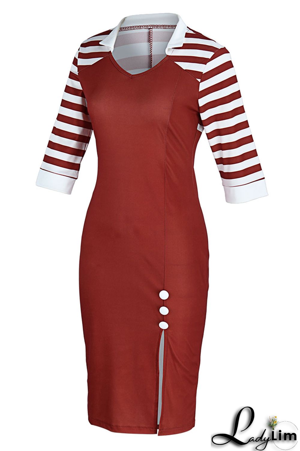 Green Casual Print Patchwork Buttons Slit V Neck One Step Skirt Dresses