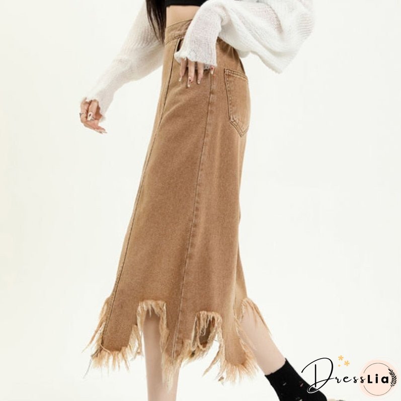 Back School Outfits Tassel Raw Edge Denim Skirt Women Design Sense Hotsweet High Waist A