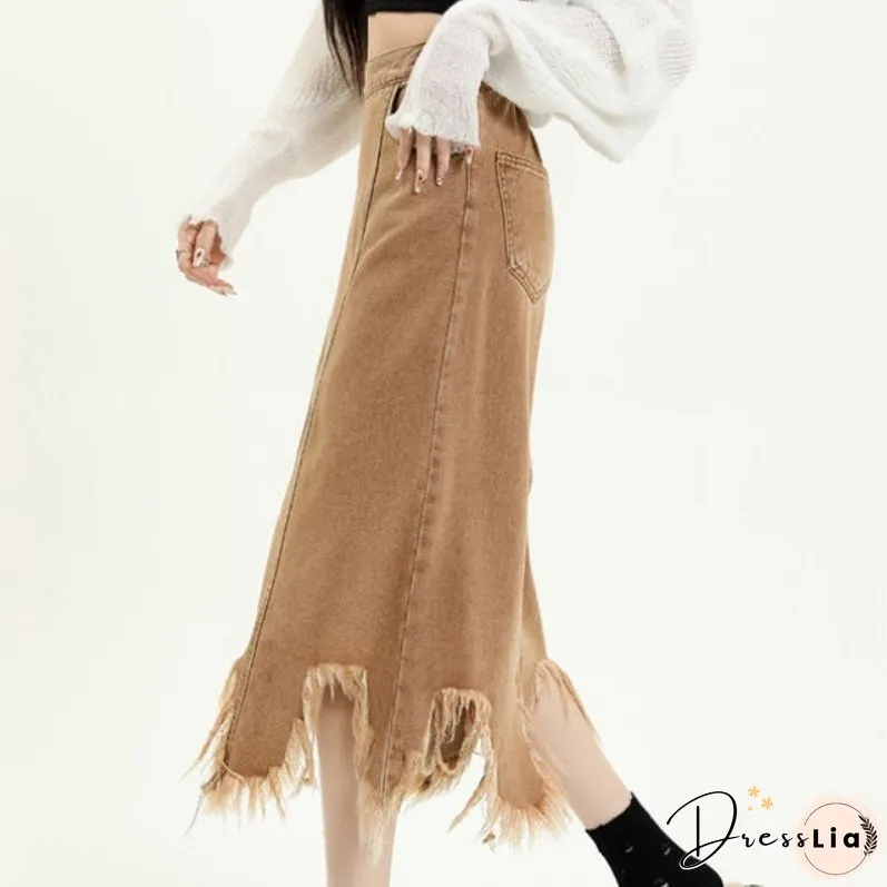 Back School Outfits Tassel Raw Edge Denim Skirt Women Design Sense Hotsweet High Waist A