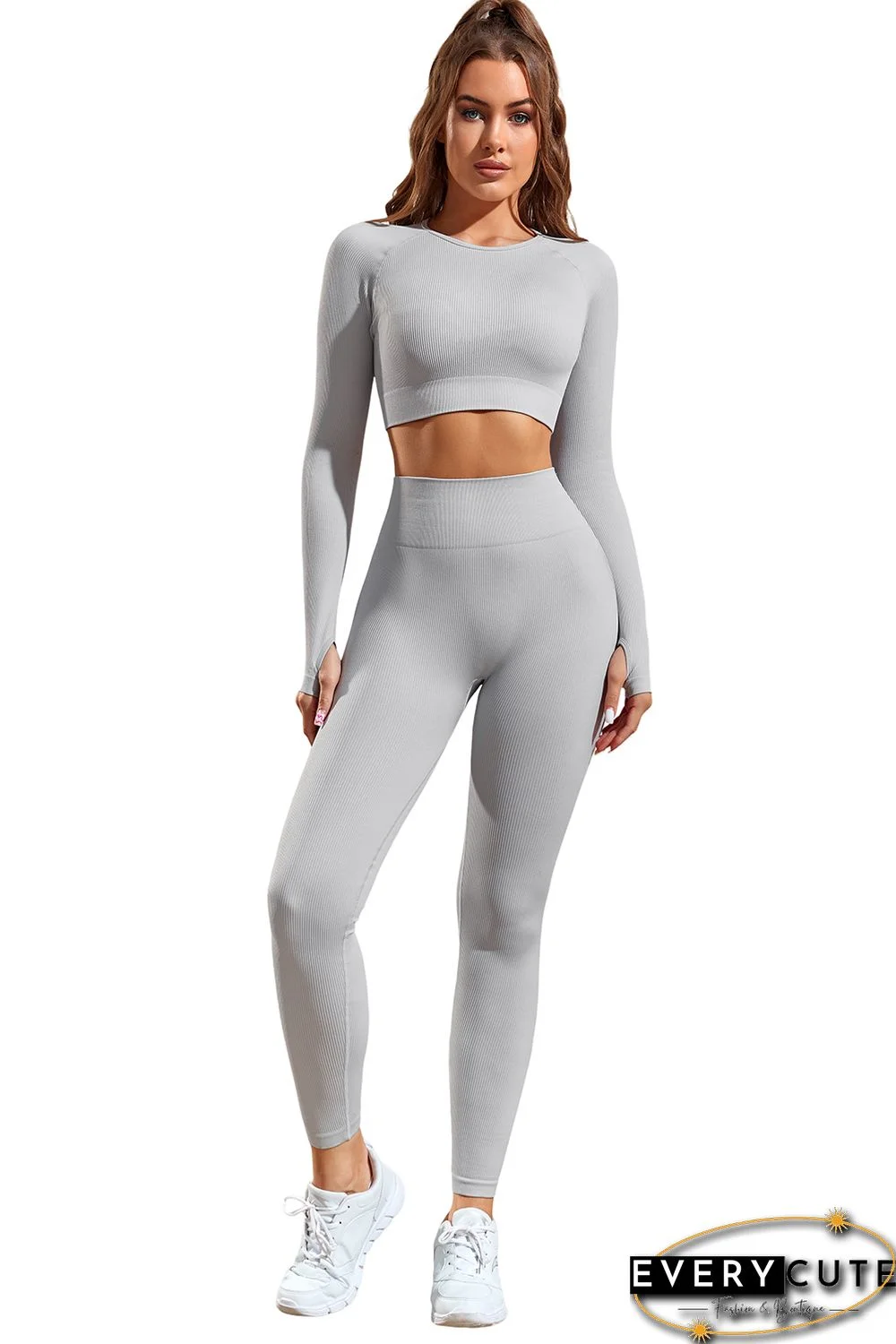 Gray Long Sleeve Seamless Crop Smoke