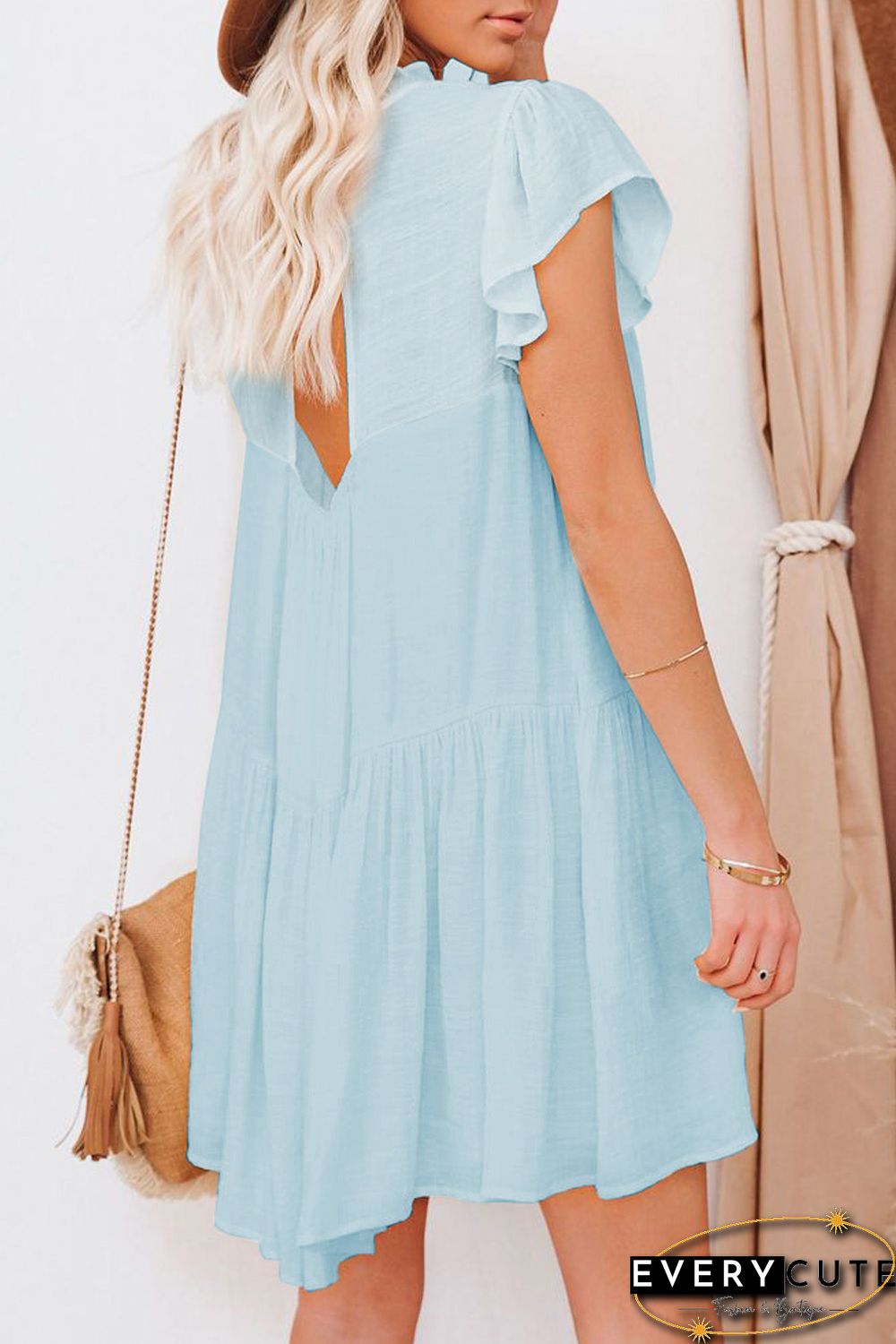 Sky Blue Frilled Neck Ruffle Swing Mini Dress with Pockets
