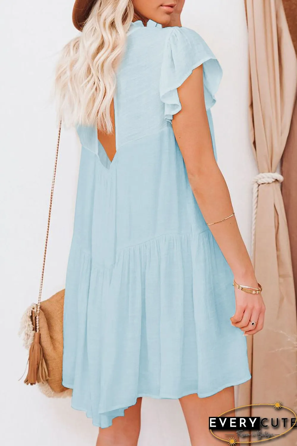 Sky Blue Frilled Neck Ruffle Swing Mini Dress with Pockets