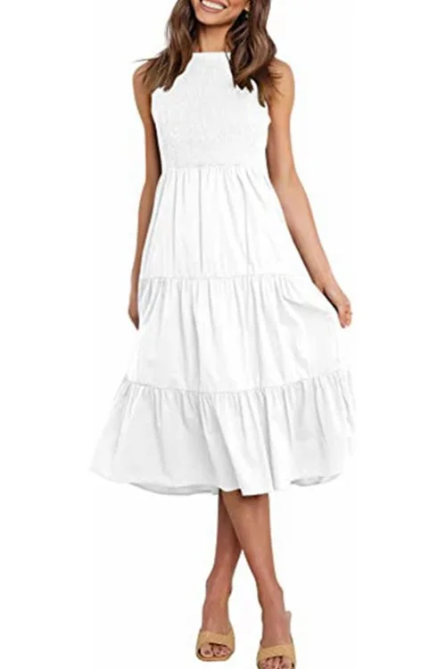 Kelsidress Solid Sleeveless High Waist Ruffle Dress with Pockets