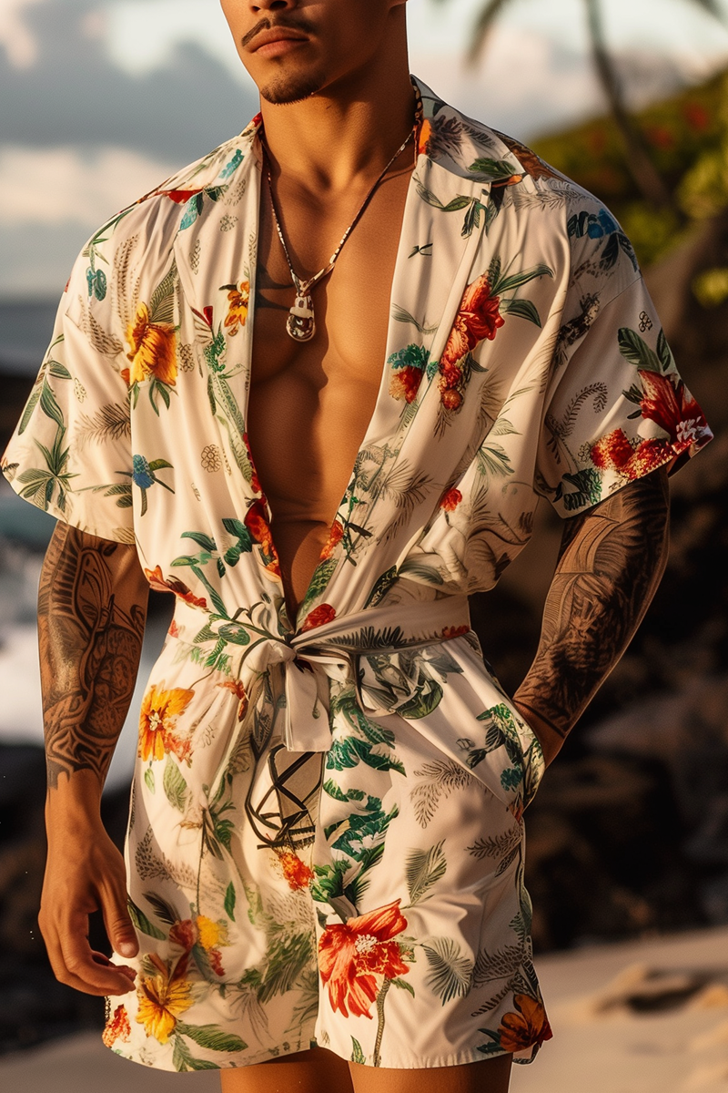 Hawaiian Floral Print Deep V-Neck Short Sleeve Romper