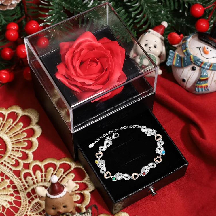 Personalized Baby Feet Bracelet Custom 4 Birthstones Set With Rose Gift Box Heart Bracelet Gifts For Women
