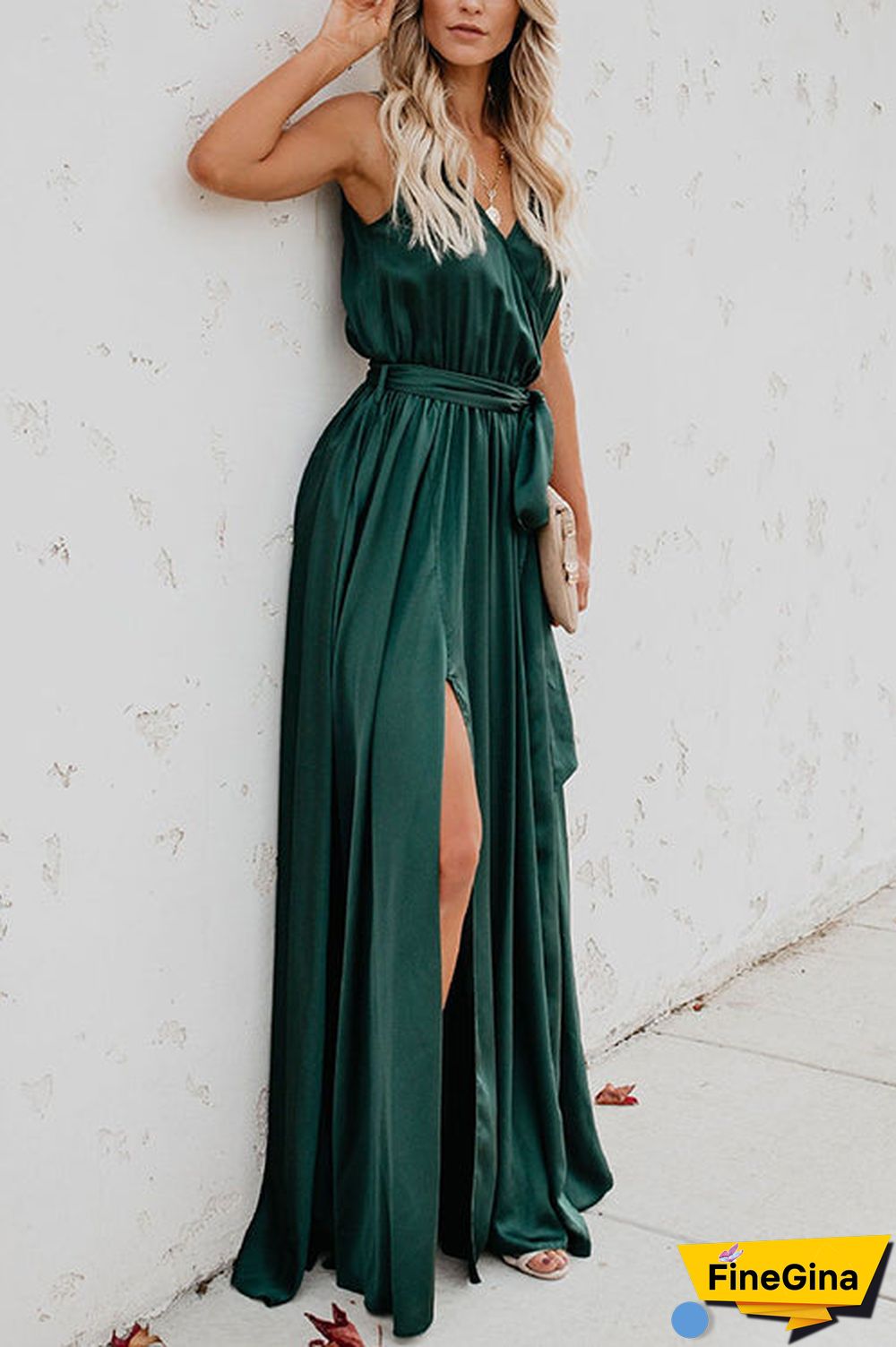 V Neck Sleeveless Slit Wrap Maxi Dress