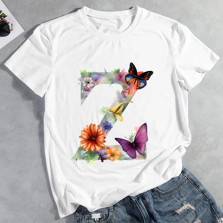 Butterfly Alphabet Z Round Neck T-shirt