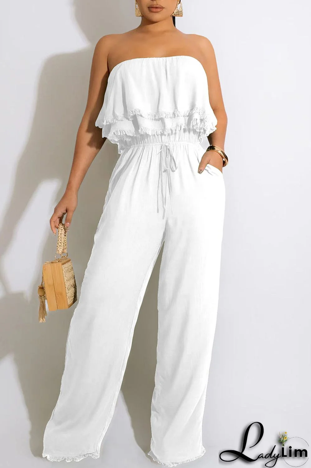 White Casual Solid Patchwork Strapless Straight Jumpsuits