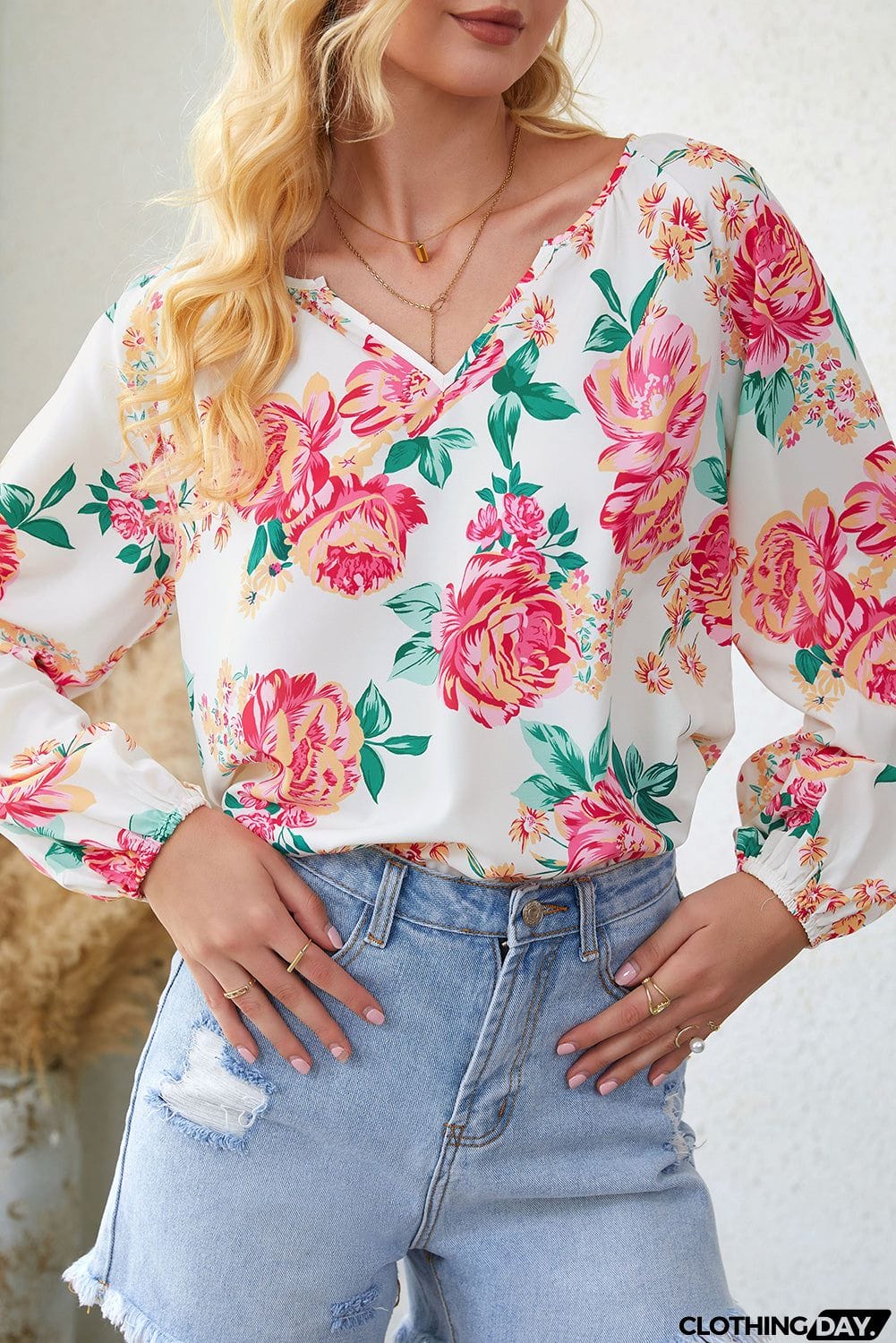 Floral Notched Neck Long Sleeve Blouse