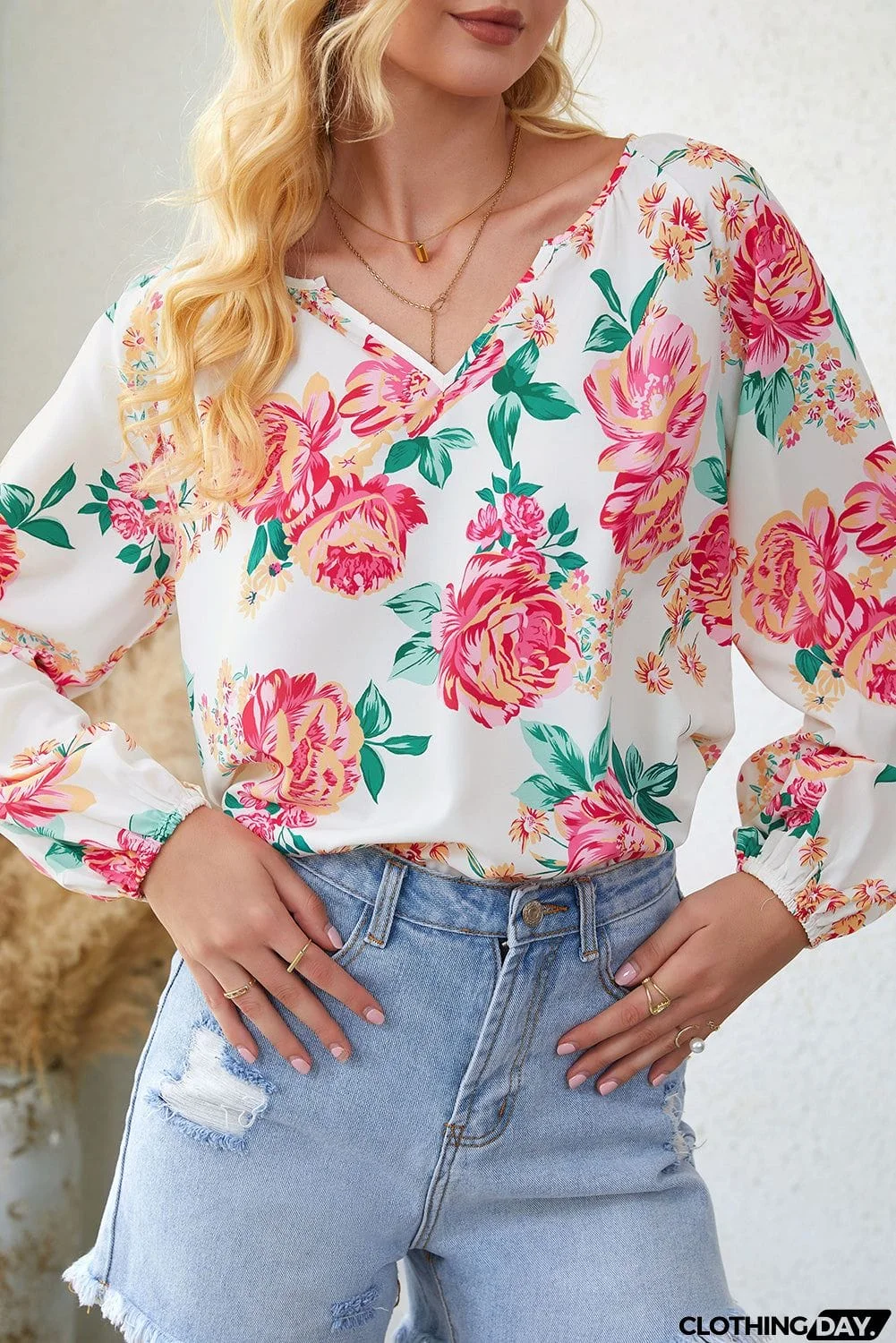 Floral Notched Neck Long Sleeve Blouse