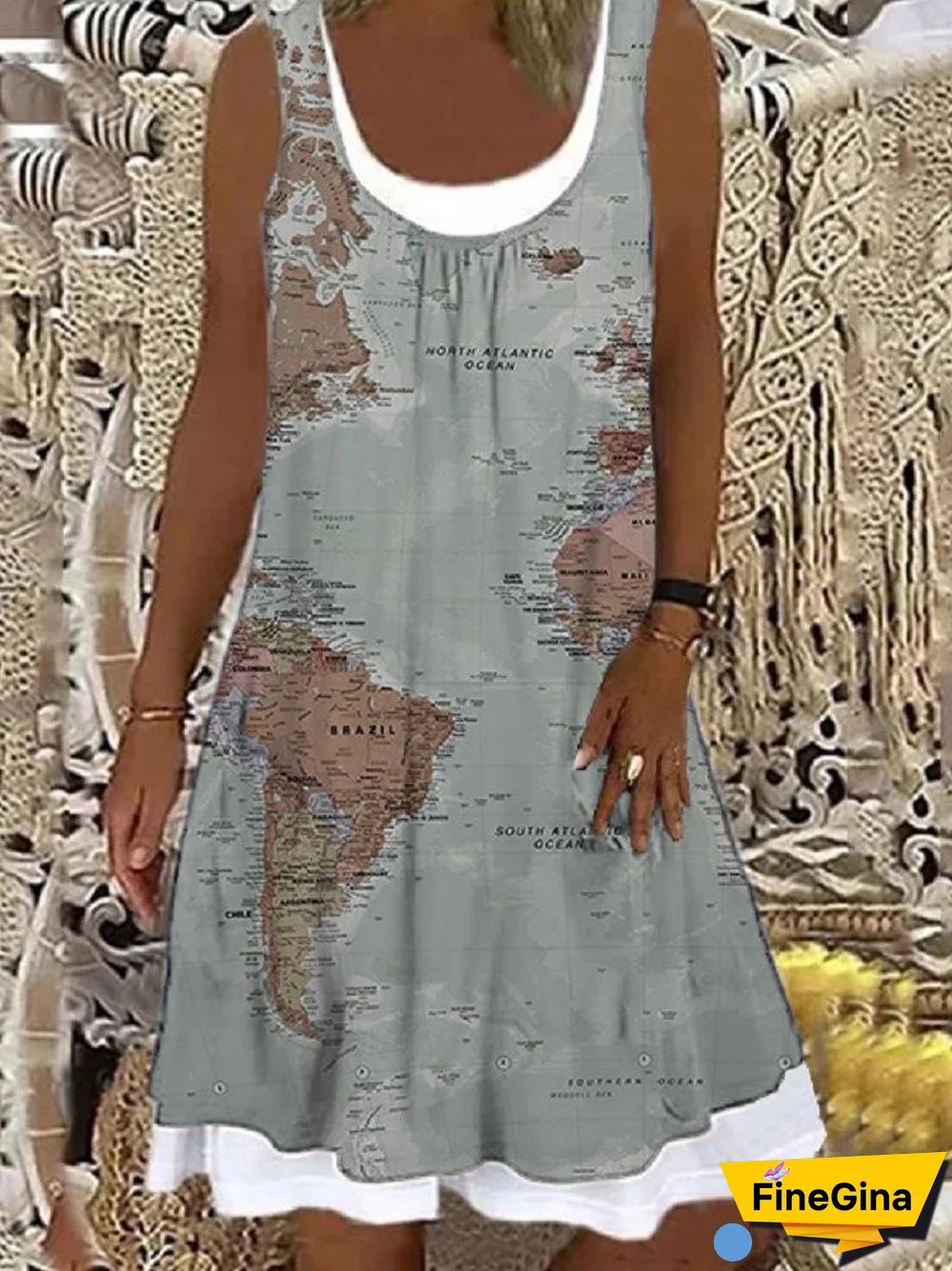 Women's Fashion Floral Printed Geometric Stitching Dress
