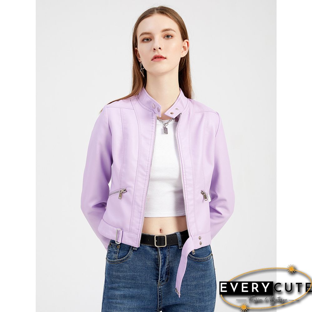 Light Purple PU Stand Collar Short Leather Jacket