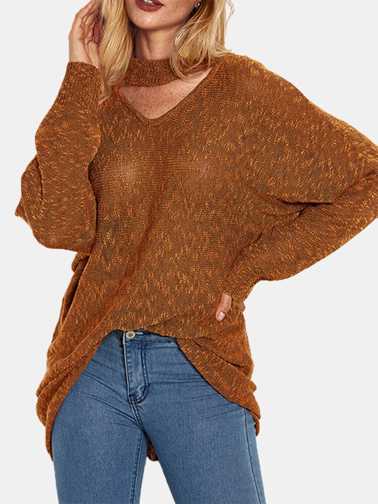 Solid Color Hollow Knitted Long Dolman Sleeve Casual Sweater for Women