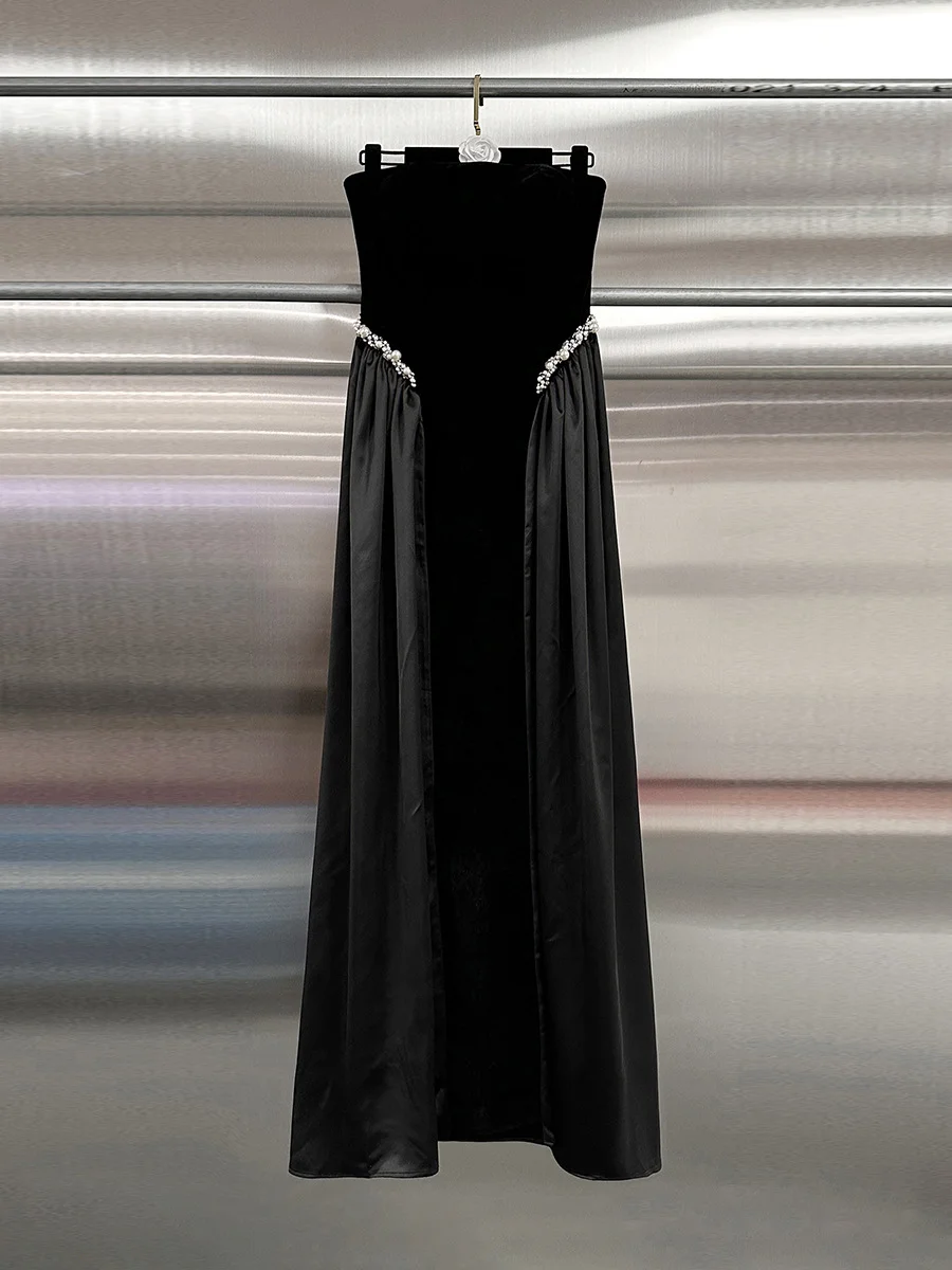 Uaang Temperament Famous Style Dress Dress 2025 New Folding Diamond Design Tradiate Long Dress Dress Women's Summer