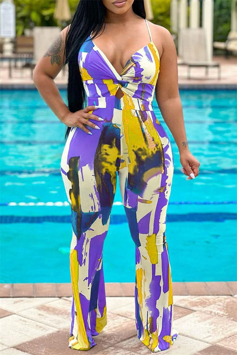 Sexy Casual Print Tie Dye Backless Spaghetti Strap Regular Jumpsuits