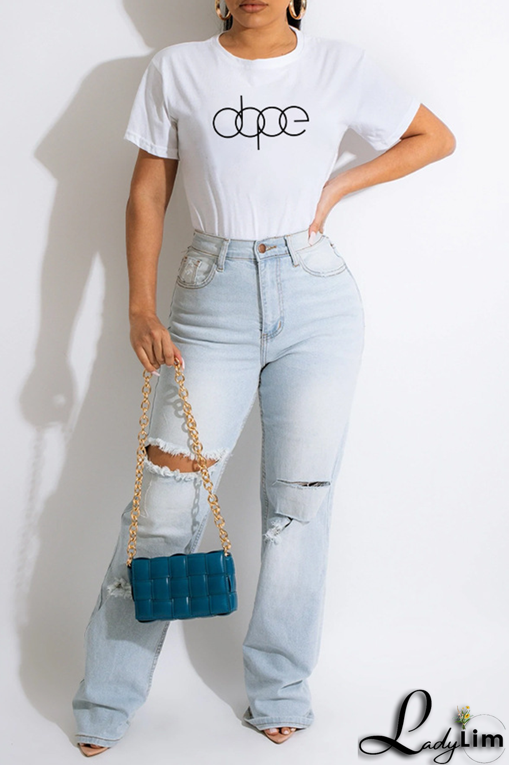 White Fashion Street Print Patchwork O Neck T-Shirts