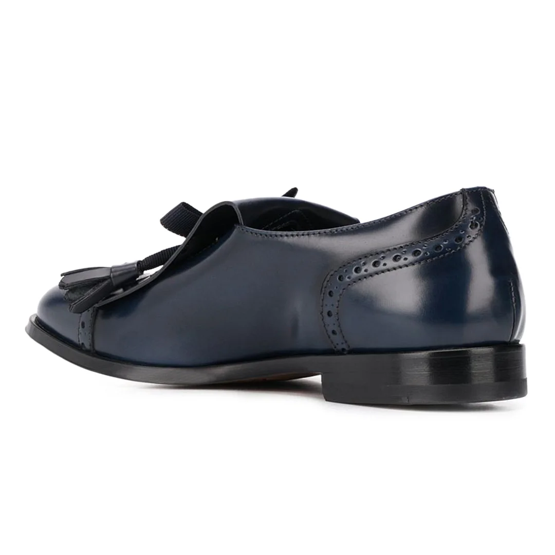 Women's Brogue Detail Round-Toe Fringe Decor Flat Loafers in Navy