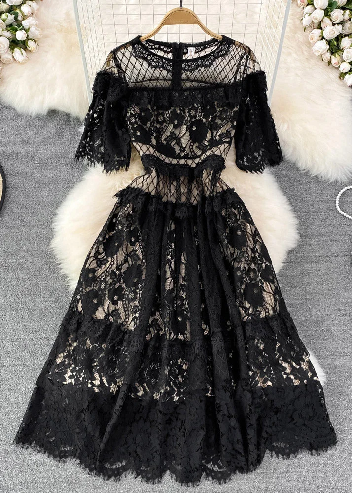 Sexy Black O-Neck Hollow Out Tunic Lace Long Dress Short Sleeve